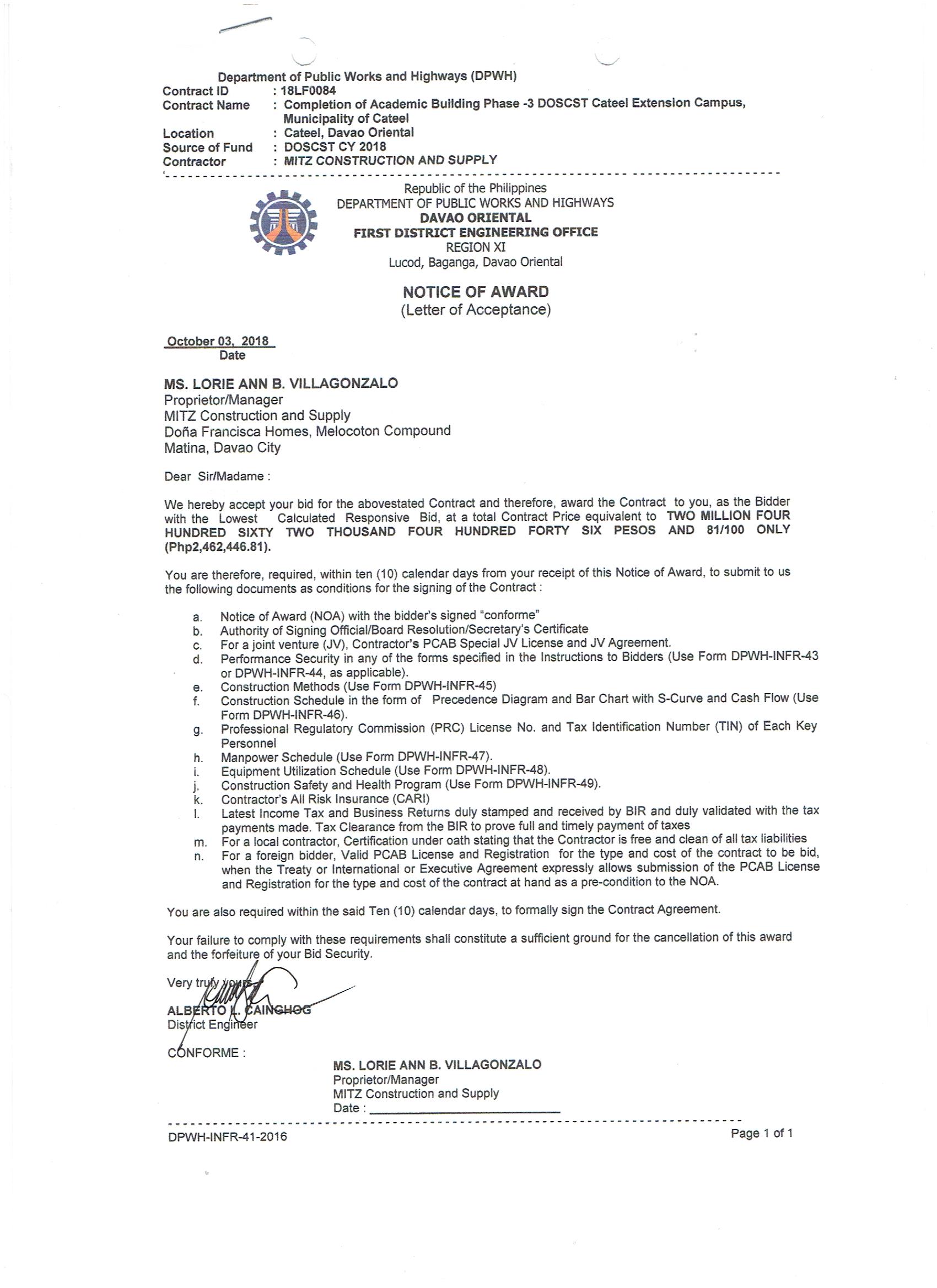 contract award acceptance letter